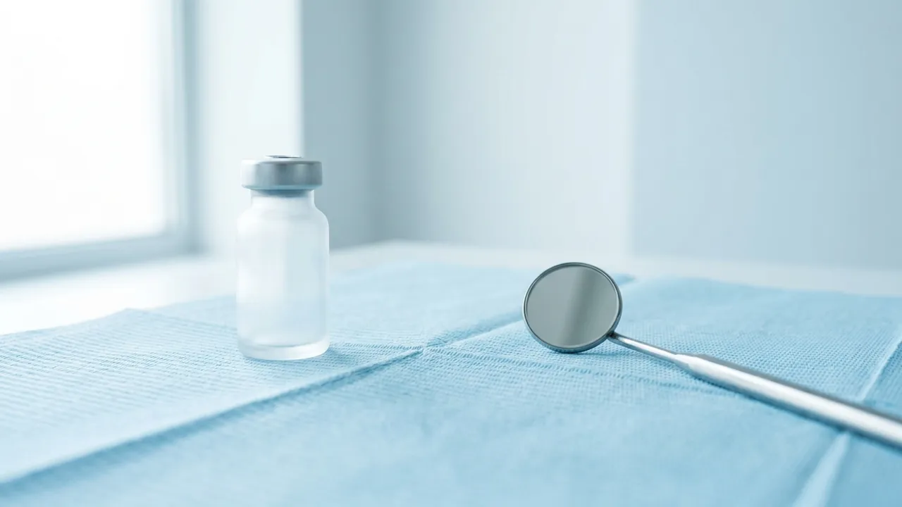 A small frosted glass vial standing upright and a round steel dental mirror lying flat a hand-width apart — Are dental implants painful?