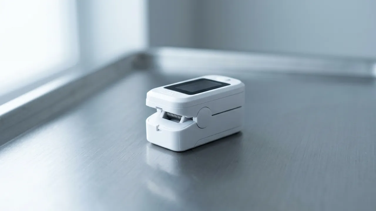 A white fingertip pulse oximeter with a dark blank display resting on a brushed-steel tray, photographed straight on at surface level — BBL safety & risks