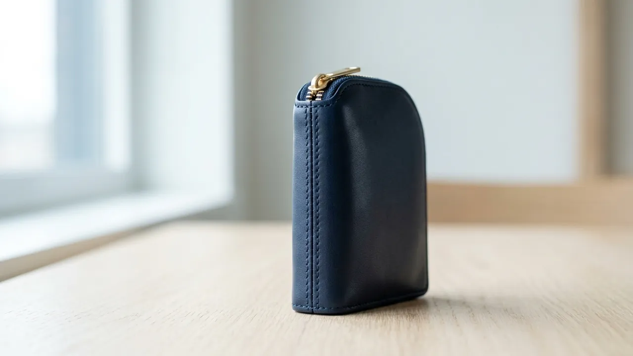 A compact deep-navy leather purse, fully closed, standing upright on pale wood, photographed at eye level — Breast augmentation cost