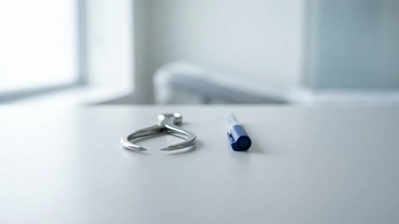 A surgical measuring caliper and a blue skin-marking pen on a clean clinic countertop — planning breast augmentation