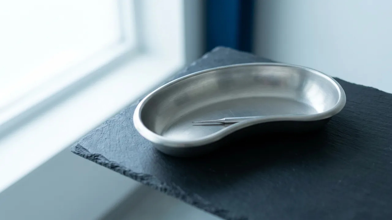 A brushed-steel kidney dish resting on dark slate with a fine steel instrument lying inside it — Buccal fat removal