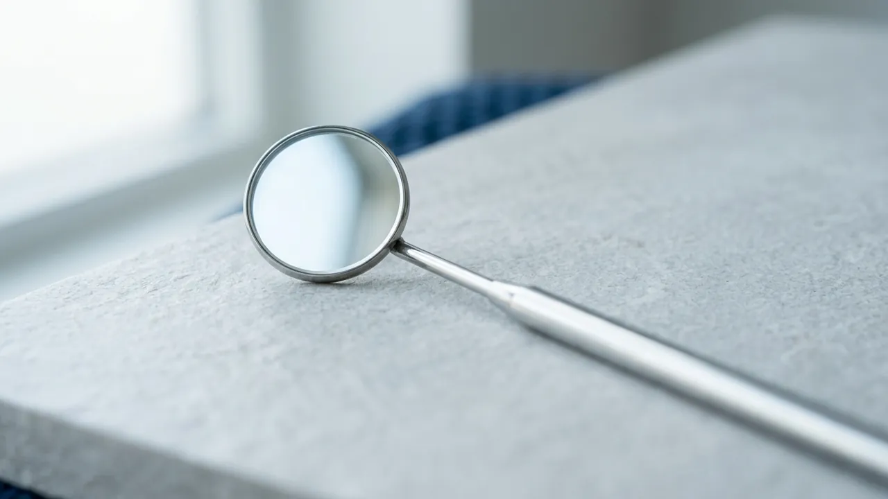 A round dental mirror resting on light grey stone — dental crowns in Turkey