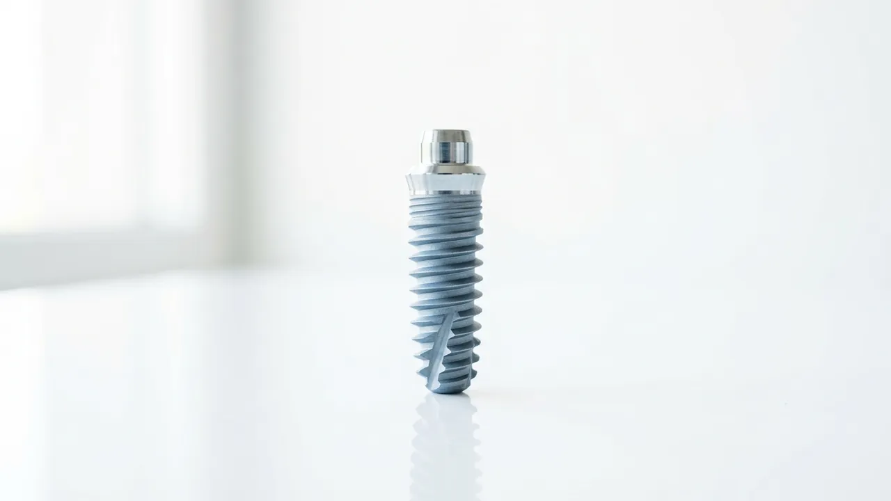 Single dental implant post standing on a bright reflective surface — dental implant costs in Turkey