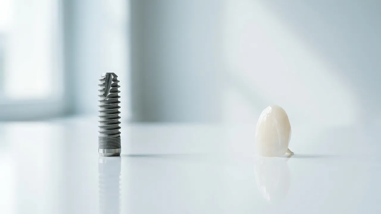 A titanium dental implant and a porcelain veneer shell side by side on a white surface — implants vs veneers compared