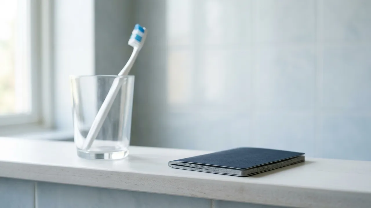 White toothbrush in a glass beside a passport on a bathroom shelf — dental treatment in Turkey versus the UK