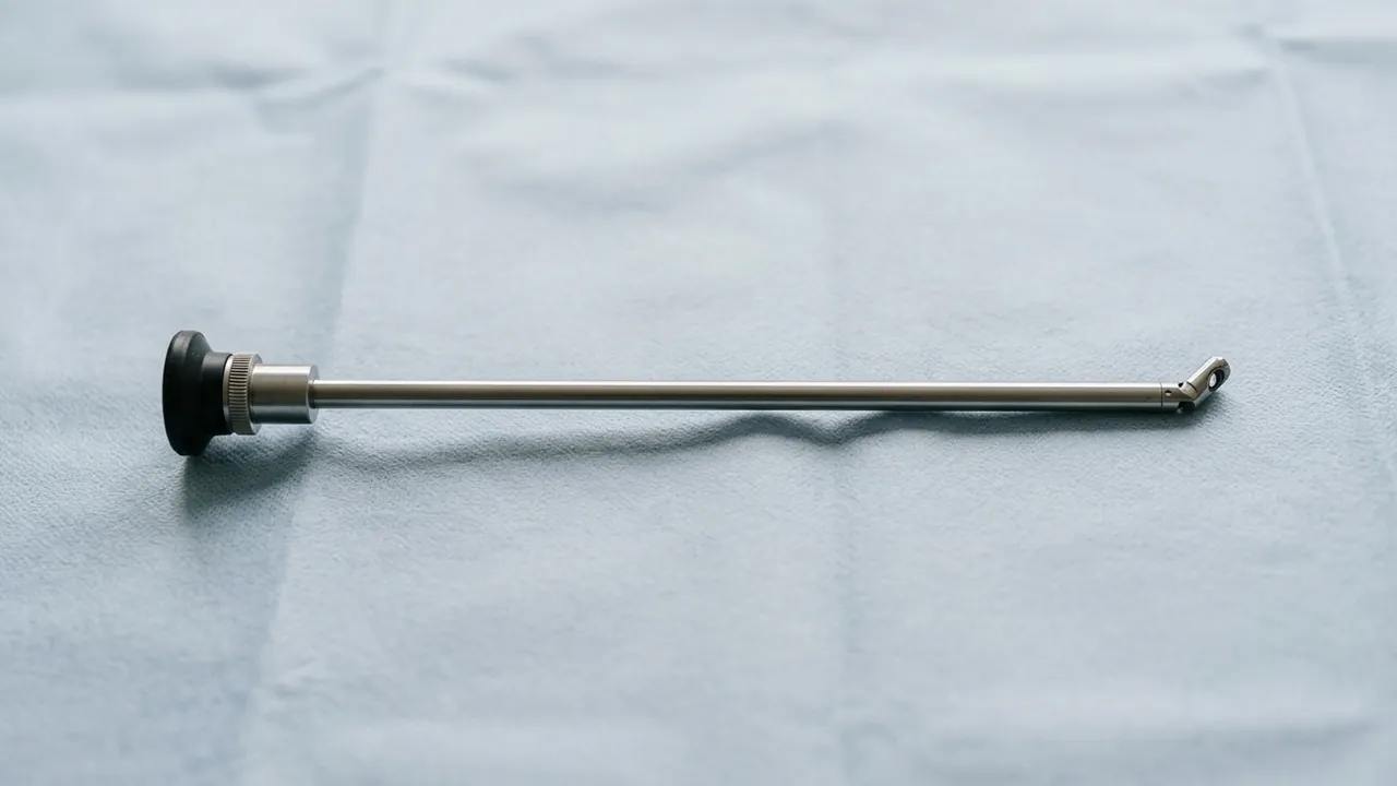 A slim rigid steel endoscope lying full-length on a pale blue surgical drape — endoscopic facelift guide