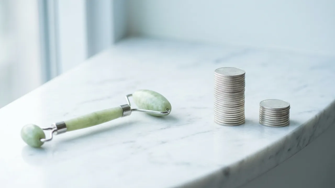 A jade facial roller beside two coin stacks of different heights on marble — facelift cost, Turkey vs UK