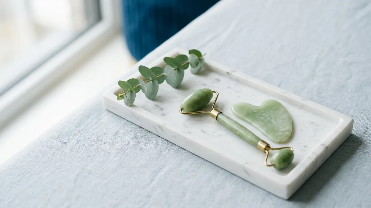 Jade facial roller and gua sha stone on a marble tray with eucalyptus — facelift treatment planning