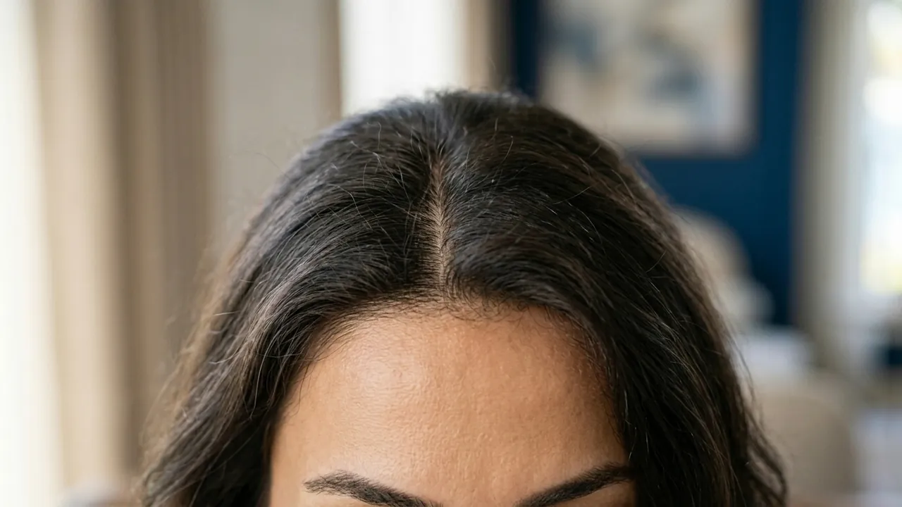 A close view of a woman's centre parting and front hairline, the scalp faintly visible along the part — the thinning pattern a female hair transplant treats
