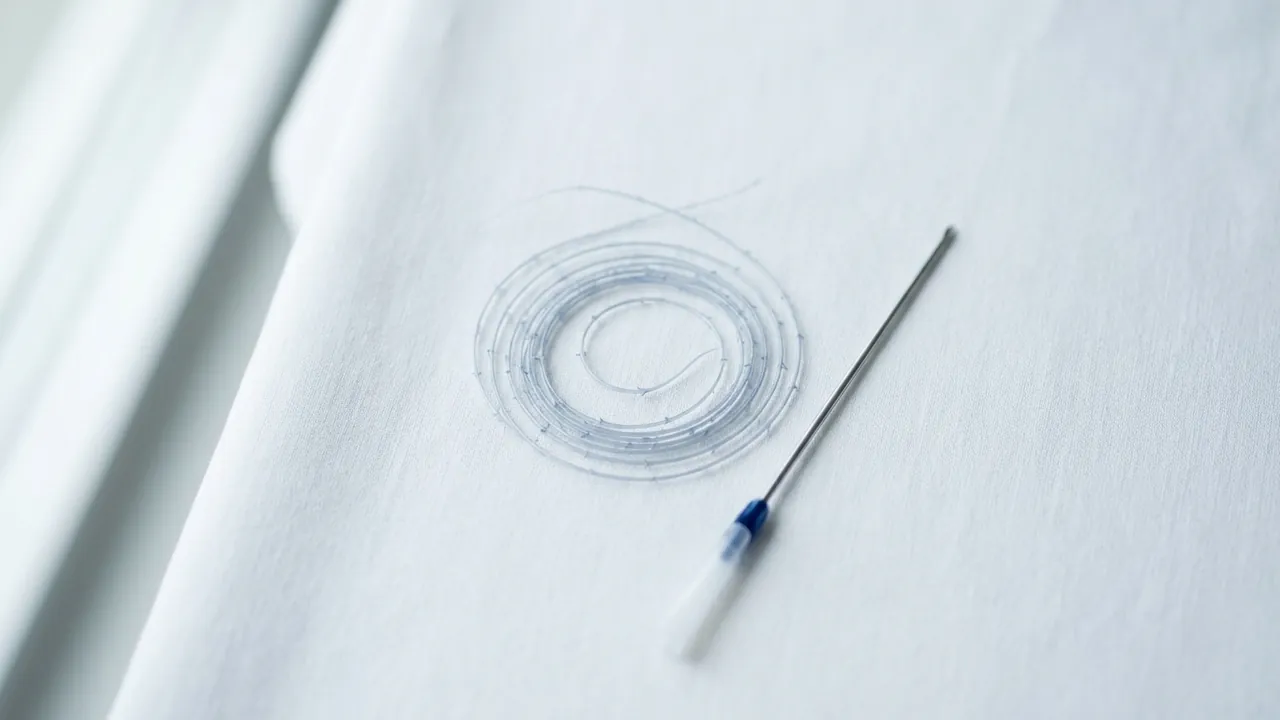 A coiled absorbable thread with tiny barbed cones beside a slim cannula on a sterile cloth — fox eye without surgery
