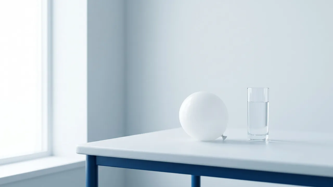 Small white balloon beside a glass of water on a clinic table — the non-surgical gastric balloon option