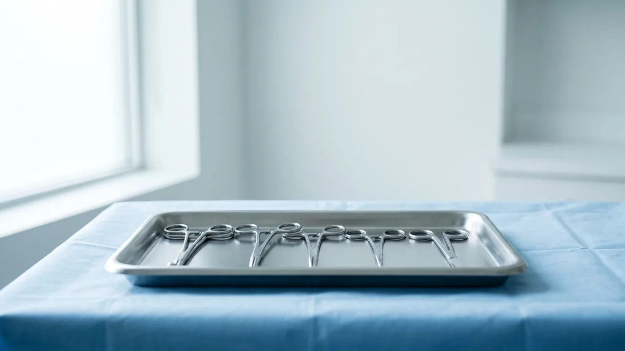 Neatly arranged surgical instruments on a sterile tray — preparing for gastric bypass surgery in Turkey