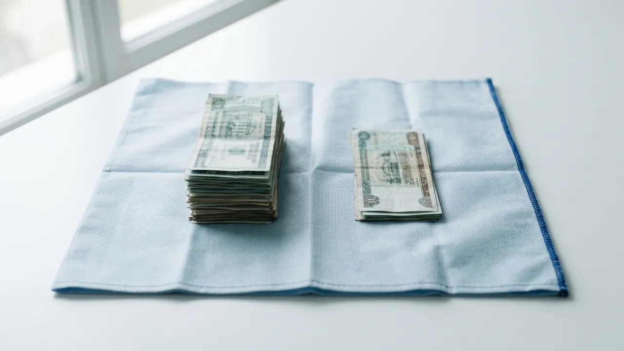 Two stacks of banknotes on a pale blue surgical drape, one thick and one thin — gastric sleeve cost, UK vs Turkey