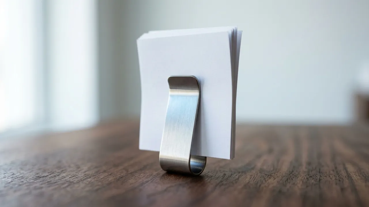 A brushed-steel money clip holding a fold of blank white paper slips, standing upright on a dark walnut table — Gynecomastia cost