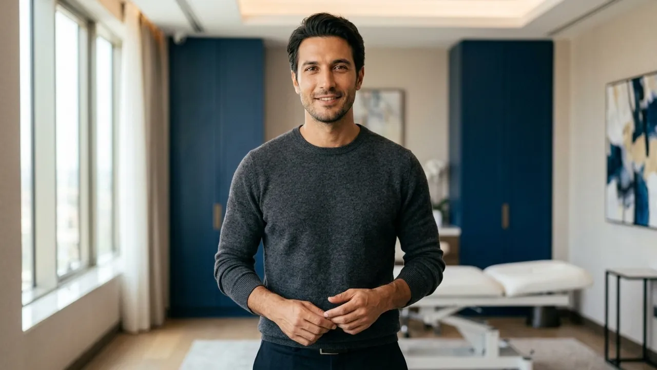 A view of a man from the base of the neck down to the waist, wearing a well-fitted plain charcoal crew-neck knit — Gynecomastia surgery