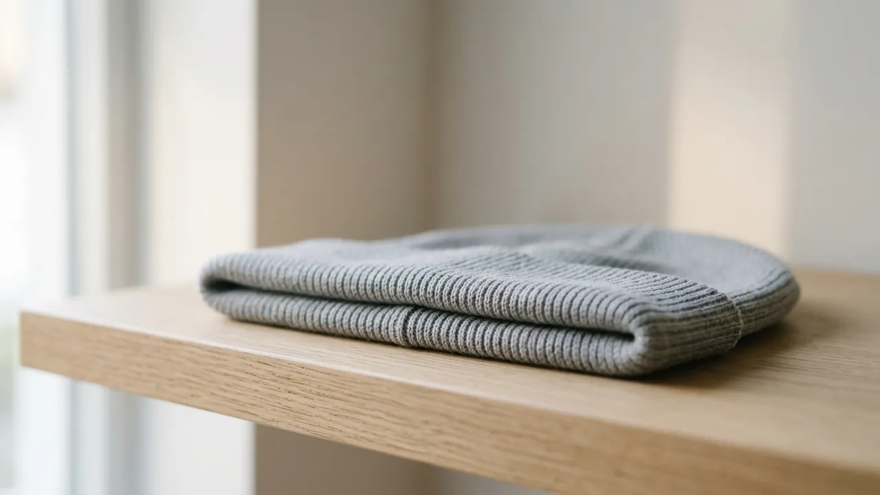 A soft dove-grey cotton beanie folded flat on a pale wooden shelf, photographed at shelf level — Recovery, day by day