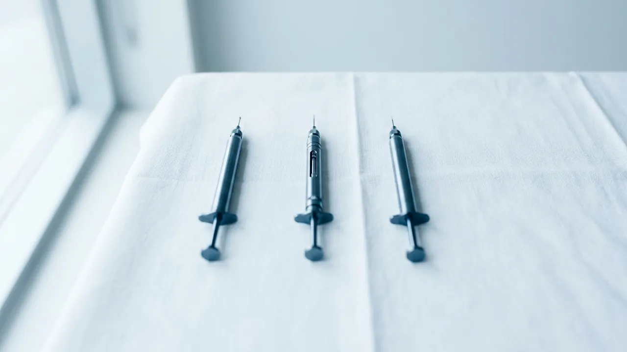 Three identical stainless-steel hair-transplant implanter pens lying parallel in a row on white sterile cloth — Results, month by month