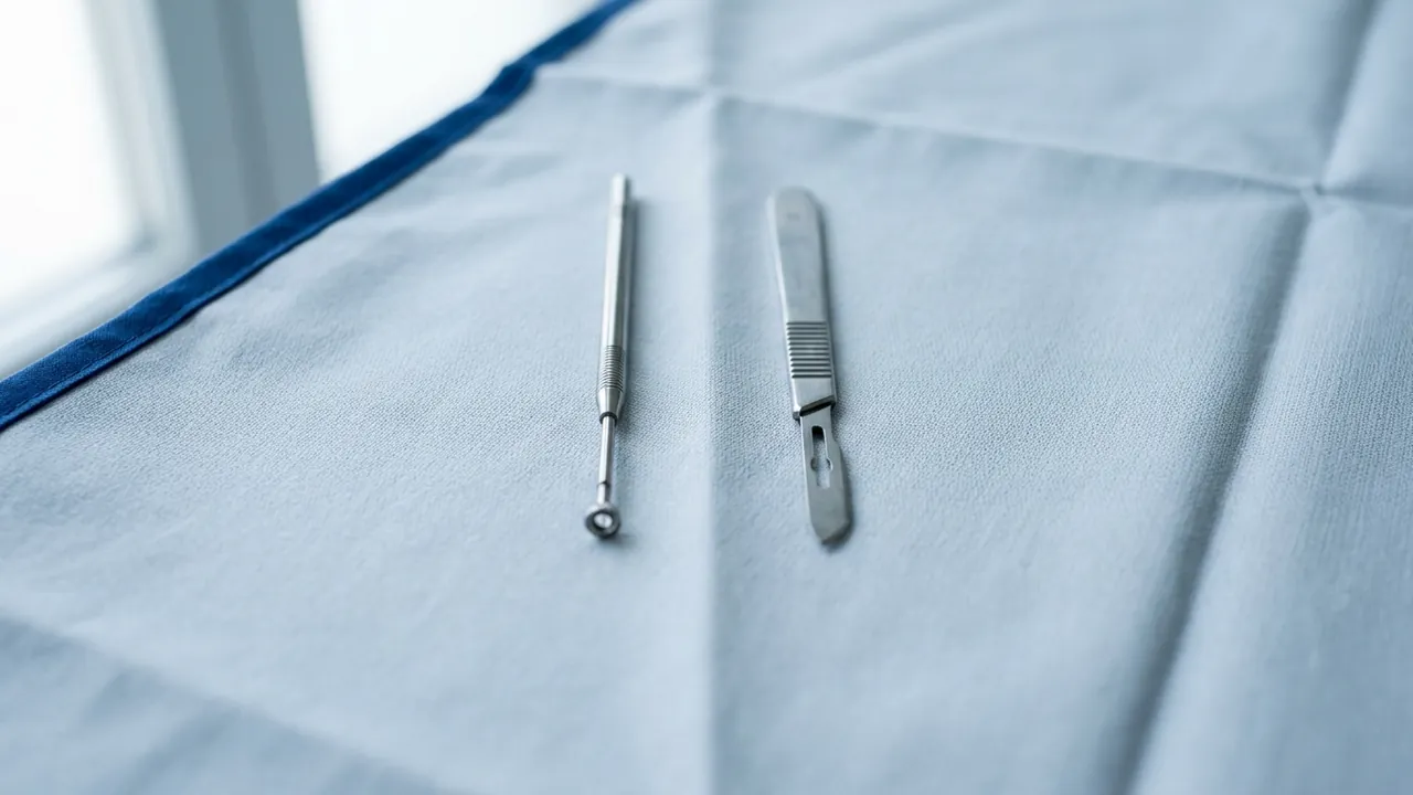 Two steel instruments laid parallel on a pale blue surgical drape, a slender round micro-punch on the left and a bare scalpel handle on the right — Scars: FUE vs FUT