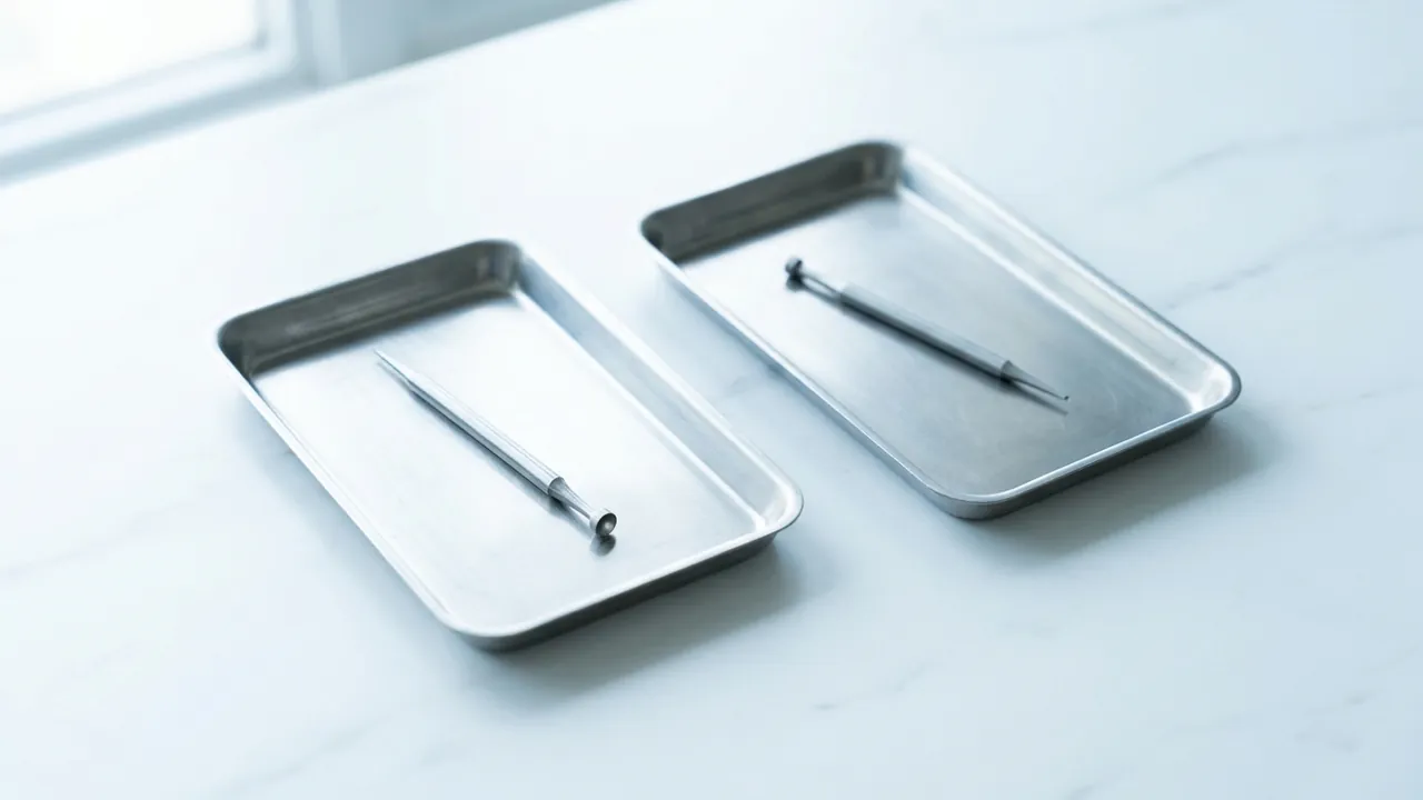 Two identical brushed-steel surgical trays side by side on white marble, each holding one slim hair-transplant micro-punch — Turkey vs UK compared