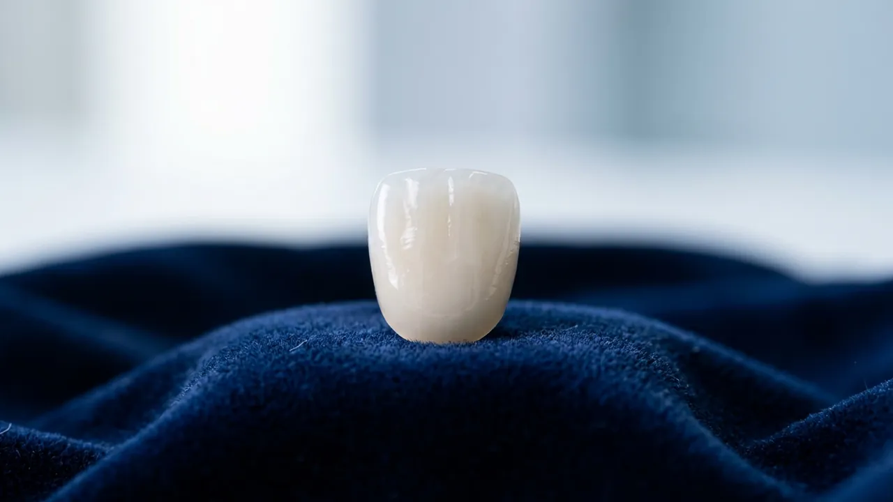 A single white porcelain crown on deep blue velvet under soft light — the Hollywood smile makeover