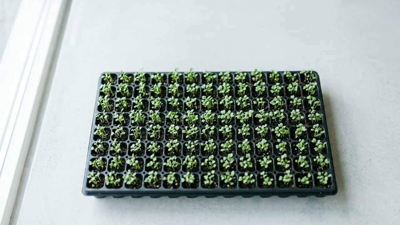 Rows of young seedlings evenly spaced in a tray — how hair transplant grafts are planned