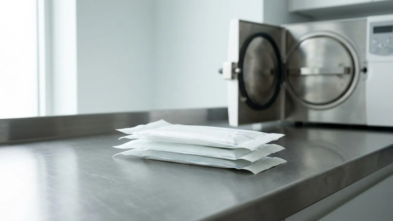 Sealed sterile instrument pouches stacked beside an autoclave — hygiene standards in Turkish dental clinics