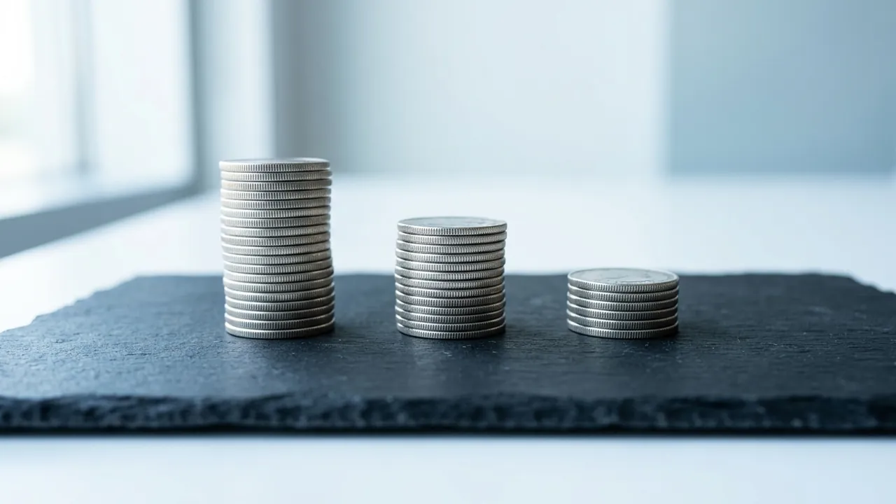 Three stacks of silver coins standing side by side on a dark slate board, one tall, one medium and one short — Liposuction cost by area