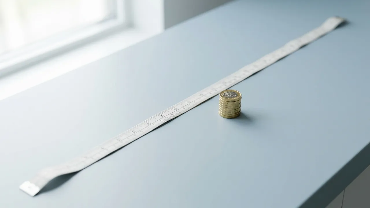 A tape measure laid straight across a pale blue counter with a small stack of coins — liposuction cost guide