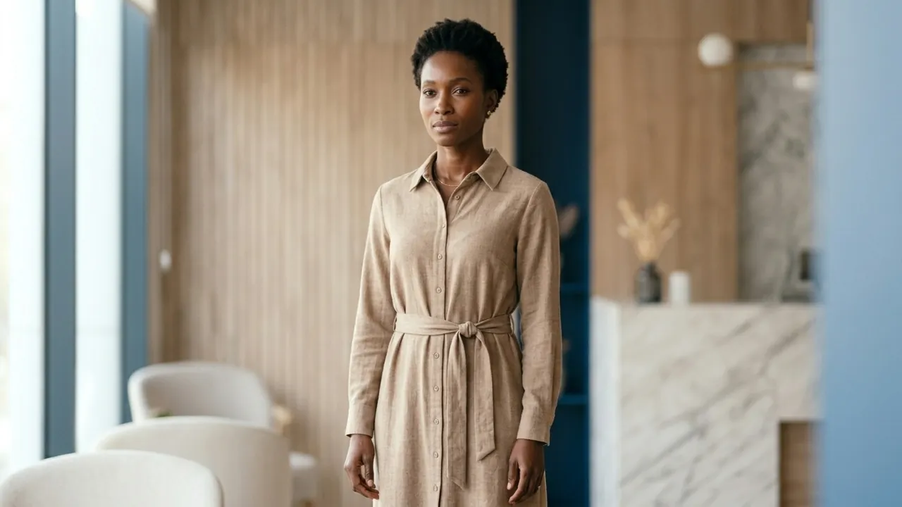 A woman standing calmly and fully clothed in a bright clinic reception — the unhurried consultation a mommy makeover starts with