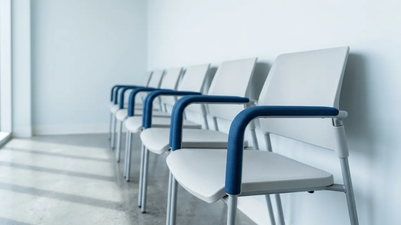 A row of empty joined waiting-room chairs along a pale wall — NHS waiting lists vs Turkey