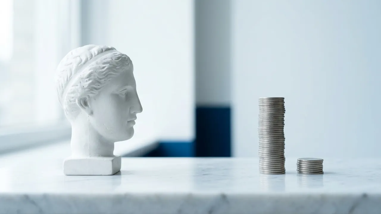 A white plaster statue head in profile on a marble counter beside one tall and one short stack of silver coins — Rhinoplasty cost: Turkey vs UK