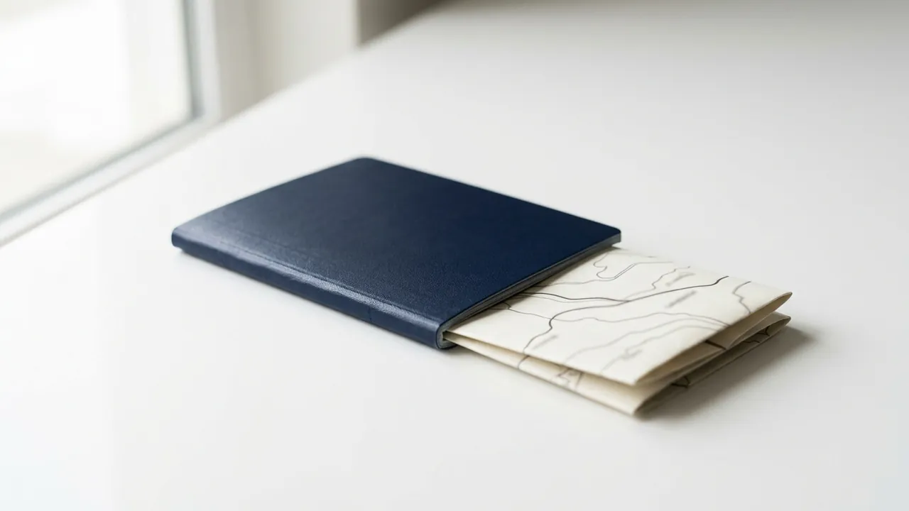 A closed plain navy passport lying flat with a folded paper map tucked half beneath its near edge — Surgery in Turkey vs the UK