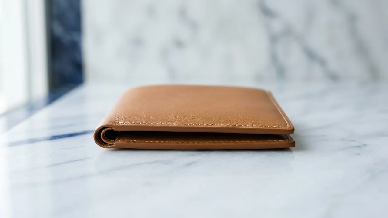 A closed tan leather bifold wallet lying flat and shut on a white marble surface — Tummy tuck cost