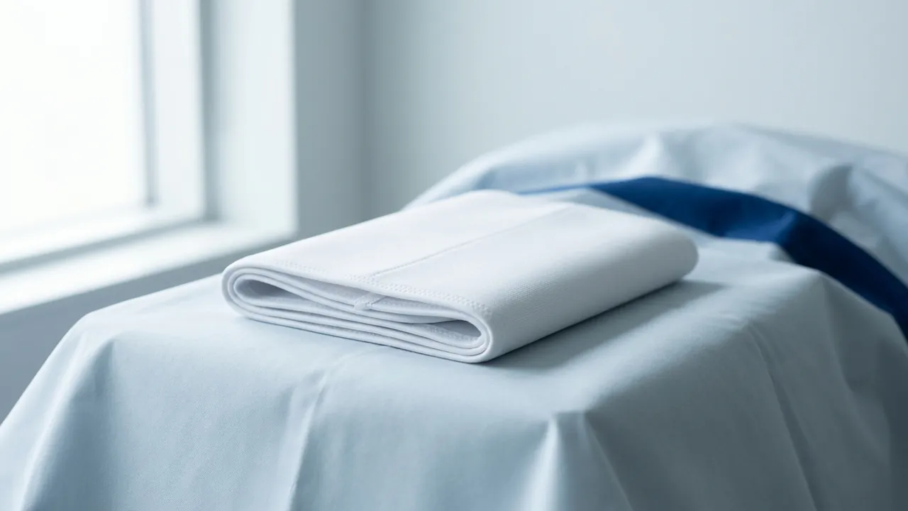 A white abdominal compression binder folded into a neat wide rectangle on a pale-blue surgical drape — Tummy tuck (abdominoplasty)