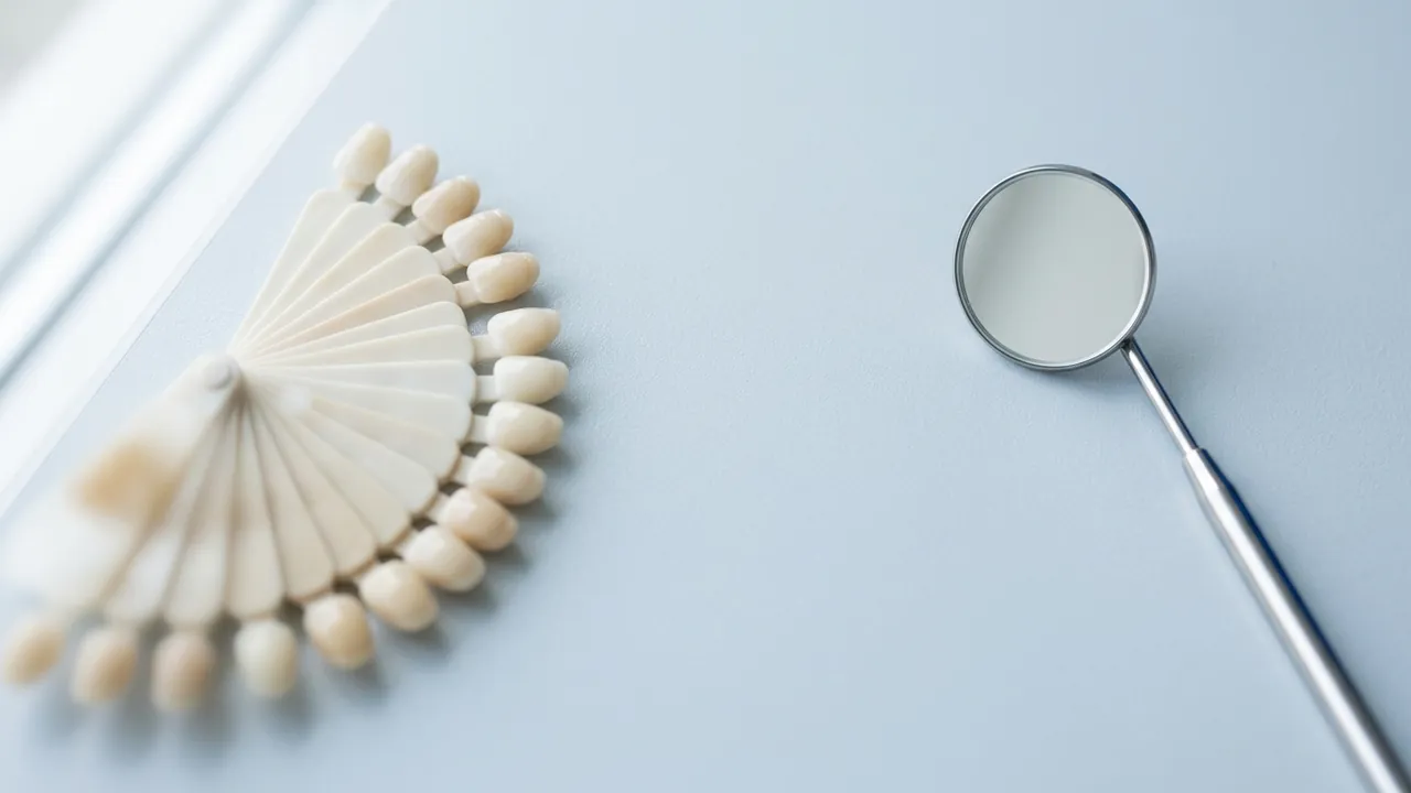 A dental shade guide fanned open beside a dental mirror — an honest look at the Turkey teeth trend