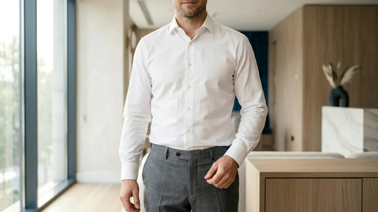 A view of a man from the shoulders to the knees, wearing well-cut mid-grey tailored trousers and a plain white shirt — VASER liposuction